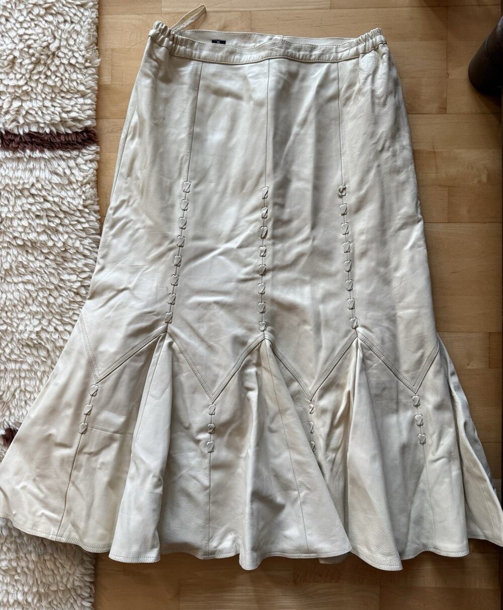 VTG Genuine Leather Tan Beige Midi Flare Braided Western Skirt XL